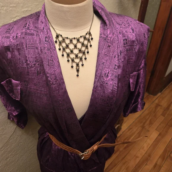 Vintage Dan Vali Silk Dress Purple Metallic Midi Belted Statement Canada - Picture 7 of 11